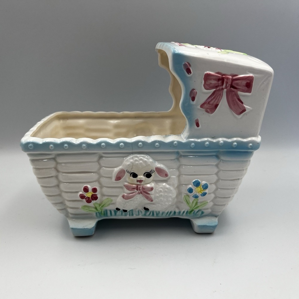 VTG Rubens Ceramic Nursery Baby Cradle Planter Lambs Pink Blue 1966 Japan 130X